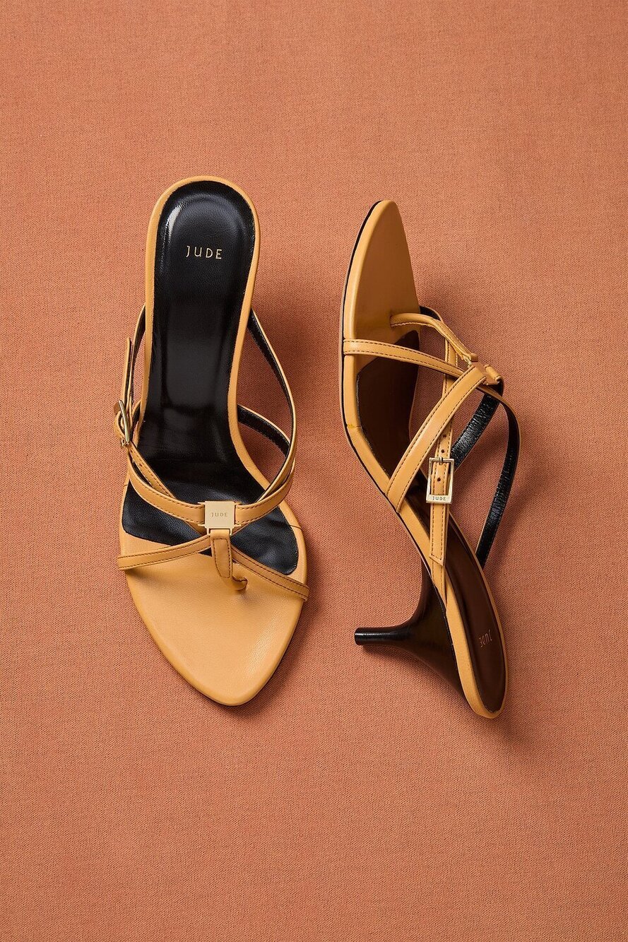 Jude for FWRD Cross Sandal in Apricot butterscotch leather strappy kitten heel
